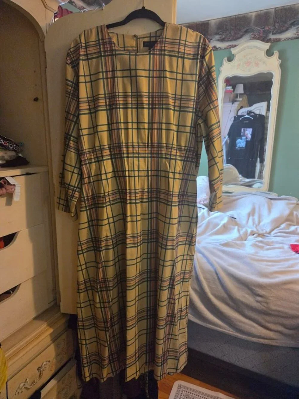 Plaid Tartan Maxi Dress Yellow Green Long Sleeve A Line Prairie core L